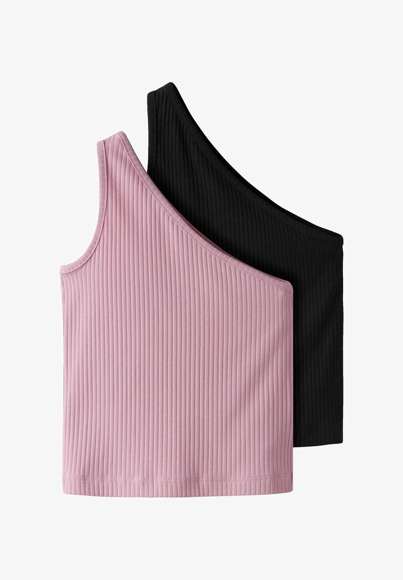 Due top cropped a coste: uno rosa chiaro e uno nero, con una scollatura asimmetrica e un design aderente. Texture morbida e medio allungamento.