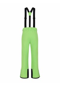 Grüne Skihose mit schwarzen verstellbaren Hosenträgern, geradem Schnitt und Reißverschlüssen an den Knöcheln für einfaches An- und Ausziehen.