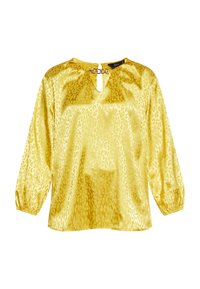 Yellow satin blouse with a leopard print pattern, featuring a keyhole opening at the neck and puffed long sleeves.