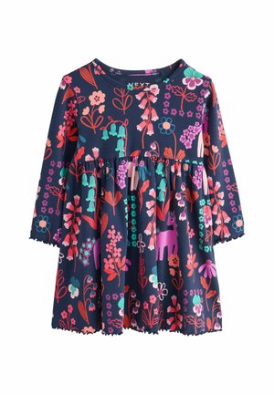 Marineblå børnekjole med lange ærmer med farverige blomster- og dyreprint i pink, lilla, blågrøn og rød, med indsnævret talje.