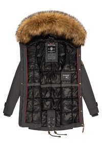 Parka jacket in gray fabric, lined with black puffer material. Features a detachable brown fur hood, red accents, and adjustable drawstring.