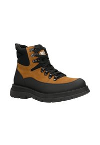Scarponcini da trekking marroni e neri con tomaia in suede e tessuto, suola in gomma, occhielli in metallo e colletto imbottito per il massimo comfort.