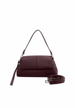 Sac à main en cuir bordeaux avec un design structuré, fermeture à rabat plat et bandoulière amovible. Présente une texture lisse et des accents en métal.