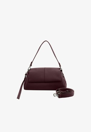 Sac à main en cuir bordeaux avec un design structuré, fermeture à rabat plat et bandoulière amovible. Présente une texture lisse et des accents en métal.