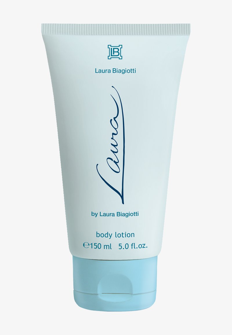 Weißes Plastikröhrchen mit hellblauem Deckel. Mit blauem Logo "LB", dem Namen "Laura" und dem Text "Bodylotion" sowie dem Volumen von 150 ml. Einfaches Design.