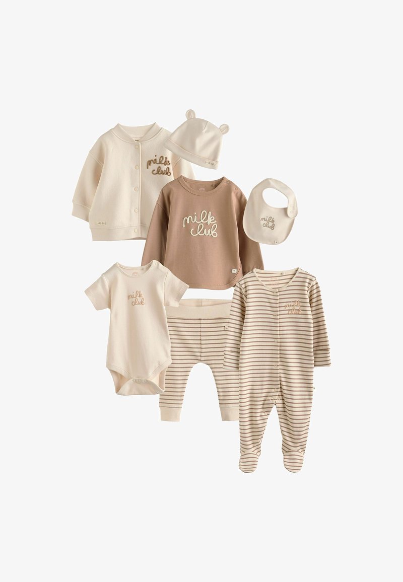 Six-piece neutral-toned baby clothing set including a hat with ears, bib, jacket, long-sleeve shirt, bodysuit, striped pants, and striped onesie.