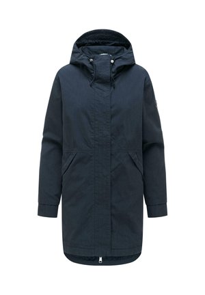 Granatowa długa parka z kapturem, zapinana na zamek z przodu, z dwoma ukośnymi kieszeniami i regulowanymi sznurkami przy kapturze.