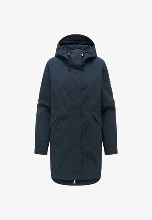 Parka lunga con cappuccio di colore blu navy scuro, con cerniera frontale, due tasche oblique e coulisse regolabili sul cappuccio.