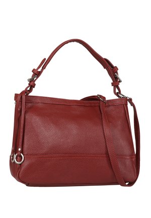 Rote Lederhandtasche mit strukturierten Oberflächen, doppelten Griffen und einem abnehmbaren Schultergurt. Verfügt über silberne Hardware und Nähdetails.