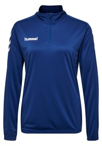 Modrý sportovní top s dlouhým rukávem a vysokým límcem, s půlzipovým zapínáním a bílým logem na hrudi; vyrobeno z hladkého, lehkého materiálu.
