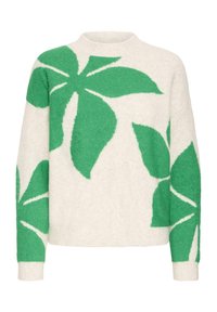 Krém színű kötött pulóver nagy zöld levélmintákkal, kerek nyakkivágással és hosszú ujjakkal, bordázott mandzsettával. Puha textúrájú és kényelmes szabású.