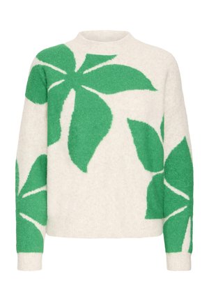 Krēmkrāsas adīts džemperis ar lieliem zaļiem lapu rakstiem, apaļu kakla izgriezumu un garām piedurknēm ar ribām apkašpusē. Mīksta tekstūra un brīvs piegriezums.