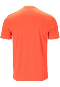 Lyhythihainen T-paita, kirkkaan oranssi väri, sileä texture, pyöreä pääntie, yksinkertainen muotoilu ilman näkyviä kuvioita tai yksityiskohtia.