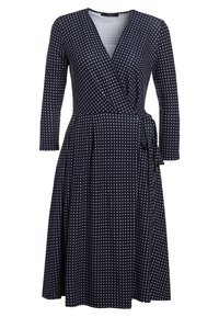 Meriharmaa kietaisumekko, jossa on pitkät hihat, valkoinen timanttikuosi ja vyötärön solmukohta. Kapeasti levenevä hameosa, jolla on sileä rakenne.