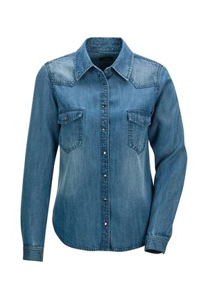 Denim button-up shirt in medium blue with long sleeves, structured yoke, two chest pockets, and metal snap closures. Textured fabric.