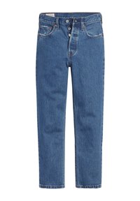 Jeans in denim blu con vita alta, chiusura a cinque bottoni e design a gamba dritta. Presentano cuciture classiche e tasche frontali.