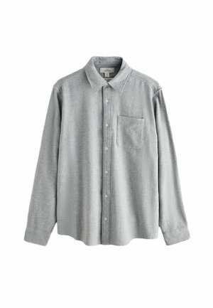Grå flannel langærmet skjorte med button-down krave, forlommer og knaplukning, med en blød tekstur og afslappet pasform.