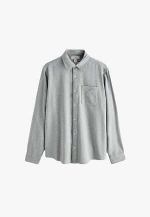 Grijs flanellen overhemd met lange mouwen, een button-down kraag, een borstzak en knoopsluiting, met een zachte textuur en een ontspannen pasvorm.