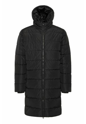 Črna puffer jakna s kapuco, ki ima kvadratni vzorec, dolge rokave, sprednje zadrgo in ravno rob.
