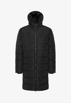 Black puffer coat with a hood, featuring a quilted design, long sleeves, front zipper closure, and a straight hem.