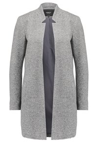 Cardigan lungo grigio in tessuto texturizzato, con taglio dritto, apertura frontale e senza chiusure, caratterizzato da un design semplice e moderno.