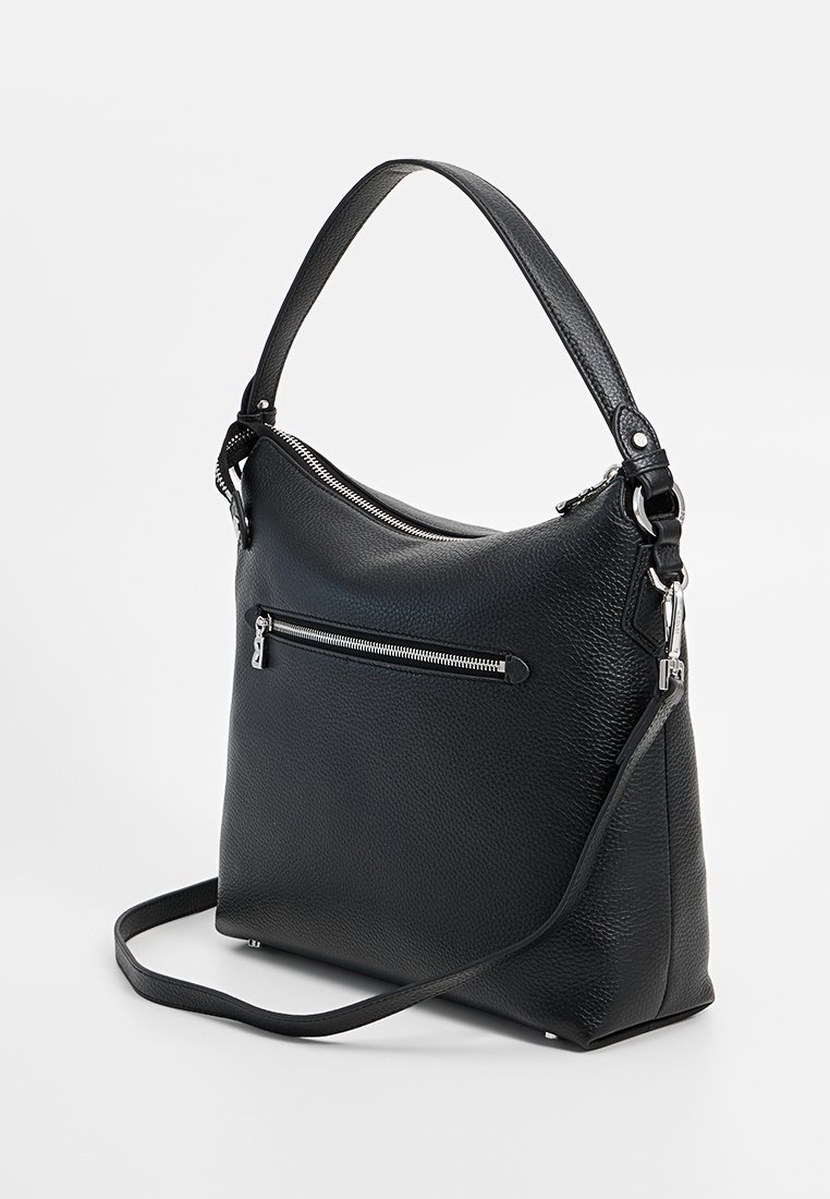 Schwarze strukturierte Lederhandtasche mit oberem Reißverschluss, externem Reißverschlussfach, kurzem Henkel und abnehmbarem langen Schultergurt.