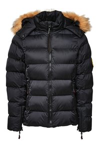Svart dunjakke med avtagbar hette med pelskant, quiltet design og glidelås foran, med sidelommer og snøringjusteringer.