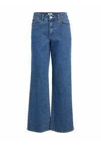 Bredde ben denim jeans i mellomblått med høy midje, fem lommer, frontknapplukking og kontrastfargede gullstingdetaljer.