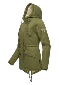 Olive green insulated jacket with a faux fur lining, adjustable drawstring waist, and multiple pockets. Features a hood and snap buttons.