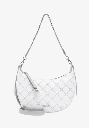 White crescent-shaped handbag with grey diamond pattern, silver chain strap, zipper closure, and detachable grey shoulder strap.