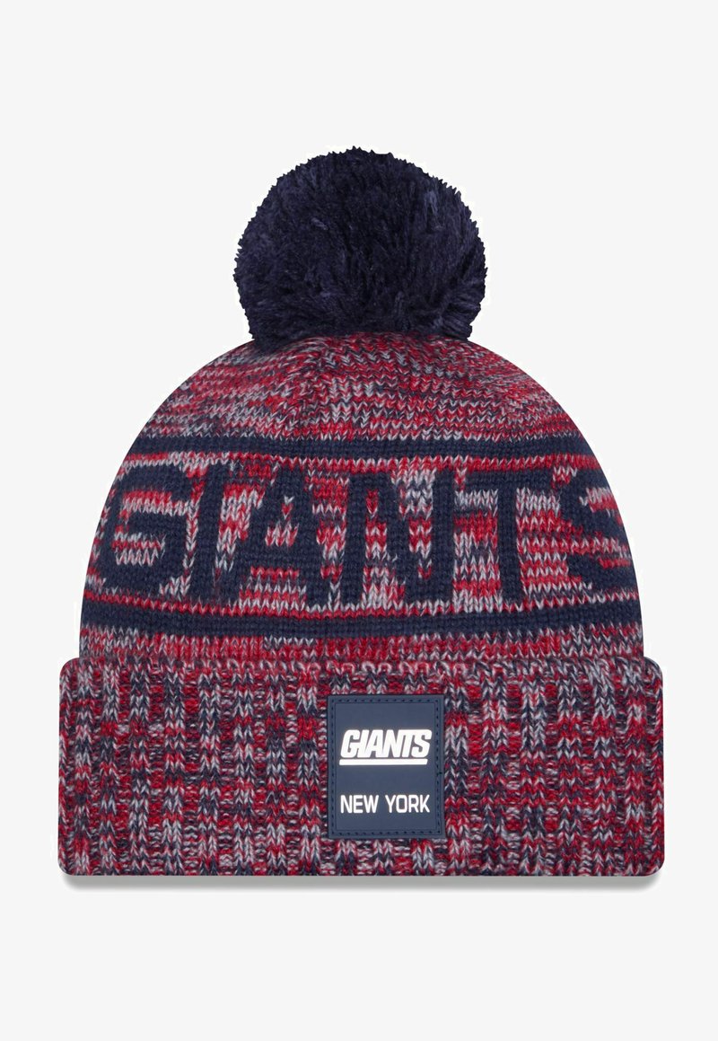 Strickmütze in Rot, Navy und Grau mit einem Bommel oben. Mit "GIANTS" in großen Buchstaben und einem Logo-Patch mit der Aufschrift "NEW YORK."