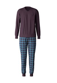 Maglietta a maniche lunghe con scollatura a V di colore viola scuro, dotata di tasca frontale; pantaloni a quadri nei toni del blu e del verde acqua con polsini elasticizzati e vita con cordoncino.