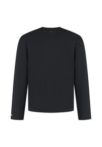 Black long-sleeve t-shirt made of smooth fabric; features a crew neck and a small logo detail near the hem. Clean, minimalist design.