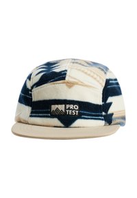 Fleece cap with a patterned design in blue, cream, and tan. Features a beige brim and a black "PRO TEST" logo on the front.