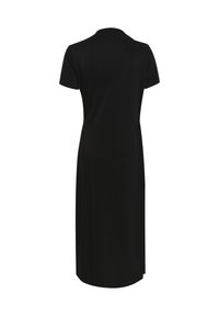 Black short-sleeve dress with a straight cut, round neckline, and knee-length hem. Made of soft material with no visible patterns or accents.