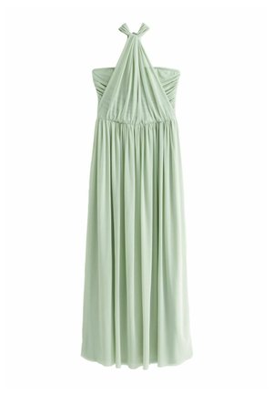 Light green halter dress with a fitted bodice, gathered texture, and flowing skirt. Features a bow tie closure at the neckline.