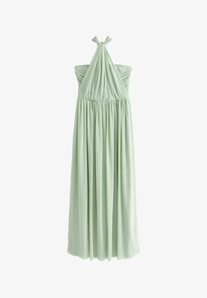 Jasnozielona sukienka na ramiączkach z dopasowanym gorsetem, marszczoną teksturą i zwiewnym dołem. Posiada zapięcie na kokardkę przy dekolcie.