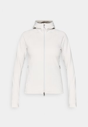 Jasnoszara bluza z kapturem na zamek wykonana z miękkiego materiału, wyposażona w kaptur, boczne kieszenie na zamki i ściągacze przy rękawach. Gładka tekstura z minimalnymi detalami.