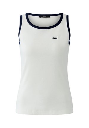Witte mouwloze tanktop met marineblauwe bies bij de halslijn en armsgaten, kleine geborduurde tekst "oui" op de borst.