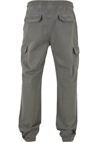 Grijze cargobroek met een elastische tailleband, twee zijzakken en twee achterflappen. Gemaakt van duurzaam katoen, met een losse pasvorm.