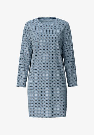 Light blue dress with long sleeves, round neckline, featuring a repeating geometric pattern in darker shades. Soft, textured fabric.