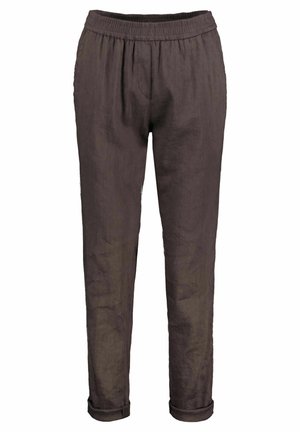 Pantalon en lin marron foncé avec taille élastique et ourlets retournés, coupe droite.
