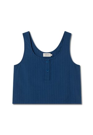 Modrý žebrovaný crop top s širokými ramínky, kulatým výstřihem a dvěma knoflíky v přední části. Vyrobeno z lehkého materiálu.
