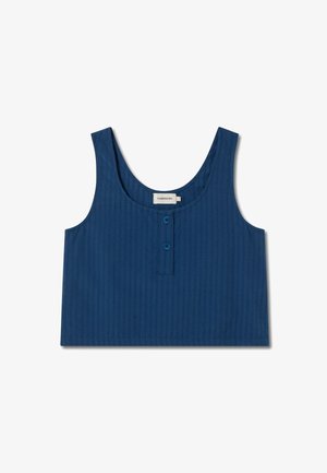 Blue ribbed crop tank top with wide straps, round neckline, and two button details at the front. Made from lightweight fabric.