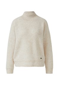 Sweter o fakturze w kolorze kremowym, z długimi rękawami, wysoką prążkowaną kołnierzem, prążkowanymi mankietami i prążkowanym dołem.