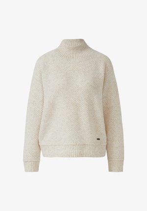 Cream-colored textured knit sweater with long sleeves, high ribbed collar, ribbed cuffs, and ribbed hem.