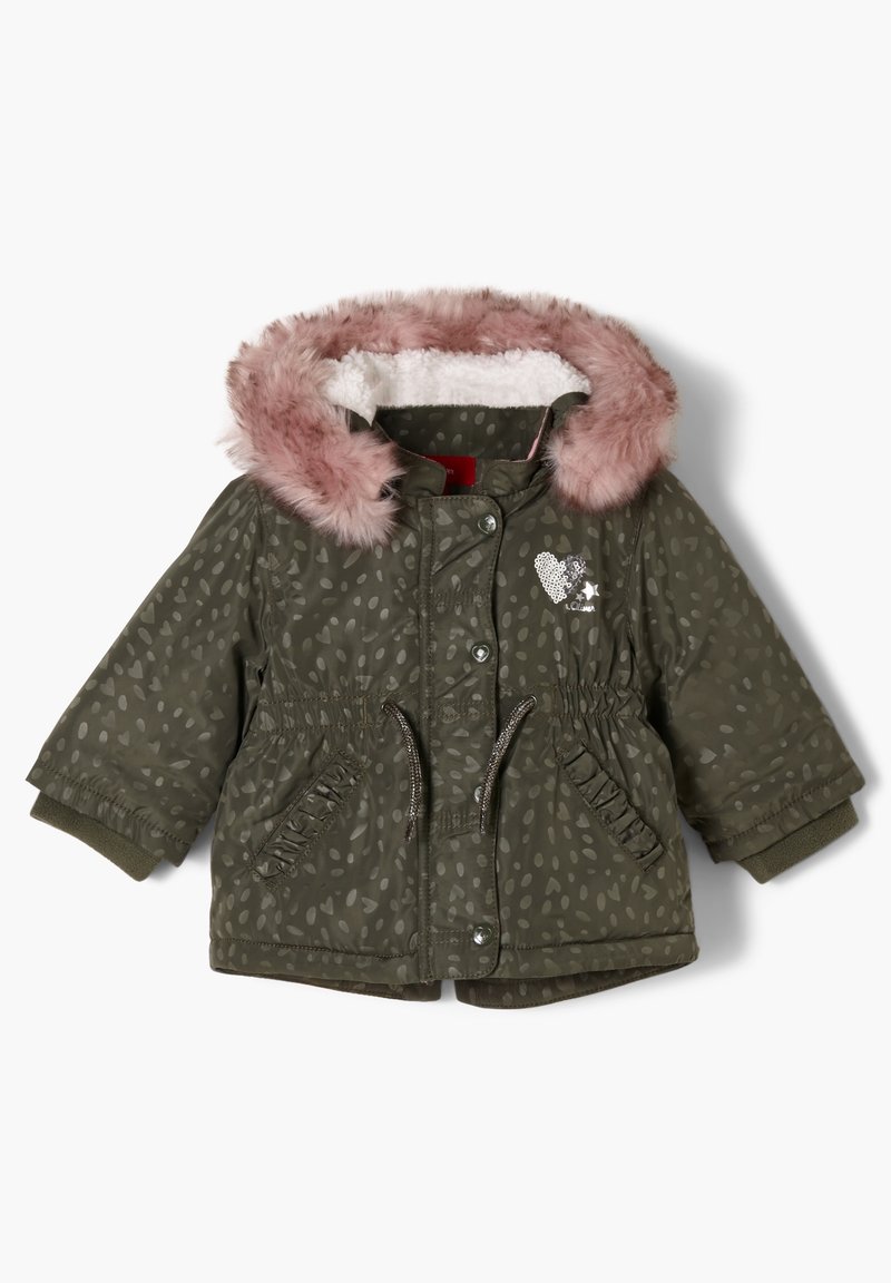 Veste d'hiver olive verte pour enfant avec capuche en fausse fourrure rose, motif à pois, poches avant et taille à cordon.