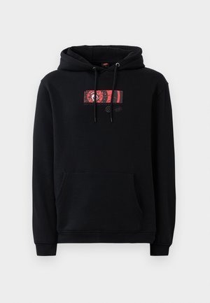 Zwarte hoodie van katoen, voorzien van een voorzak, een capuchon met trekkoord en een rode grafische print op de borst met bloemenpatronen.