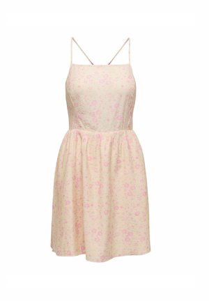 Blomsterkjole i lys gul med pink blomster, med tynde stropper, tætsiddende bodice og samlet nederdel. Blød stofstruktur.