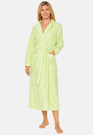 Lime green plush bathrobe with long sleeves, two front pockets, a tie belt, and an embroidered logo on the left pocket. Soft texture.